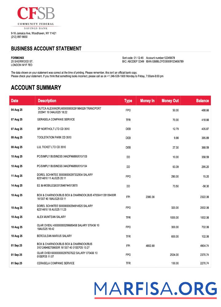 Printable USA CFSB firm account statement Word and PDF template